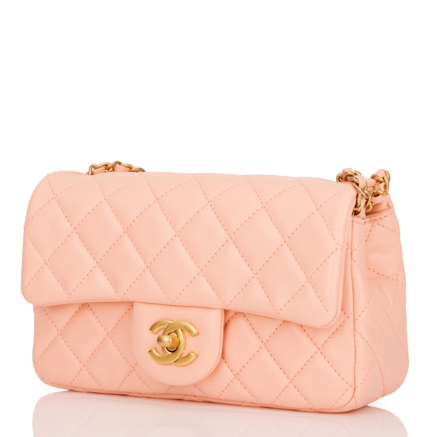 Pearl Crush Mini Rectangular Flap Bag Peach Lambskin Antique Gold Hardware