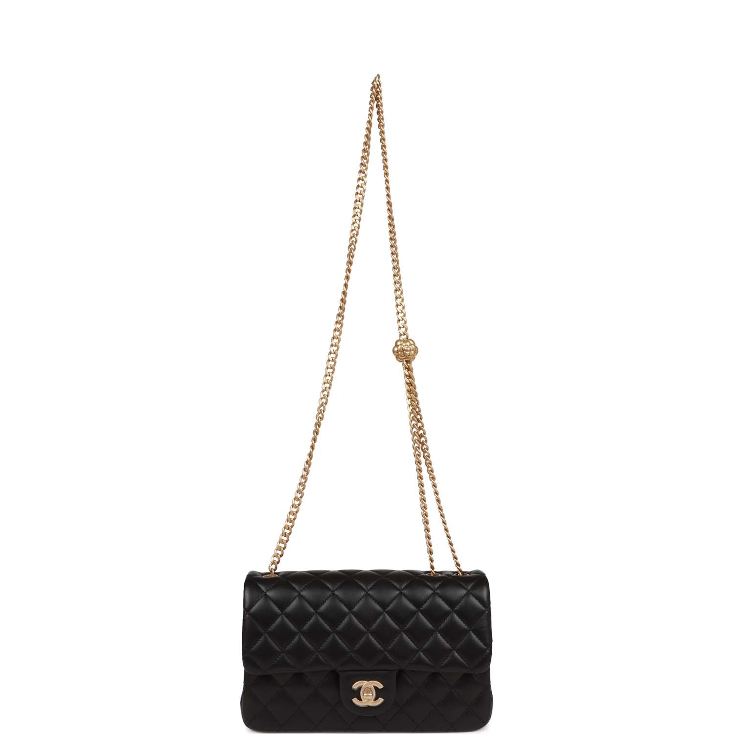Medium Camellia Crush Flap Bag Black Lambskin Antique Gold Hardware