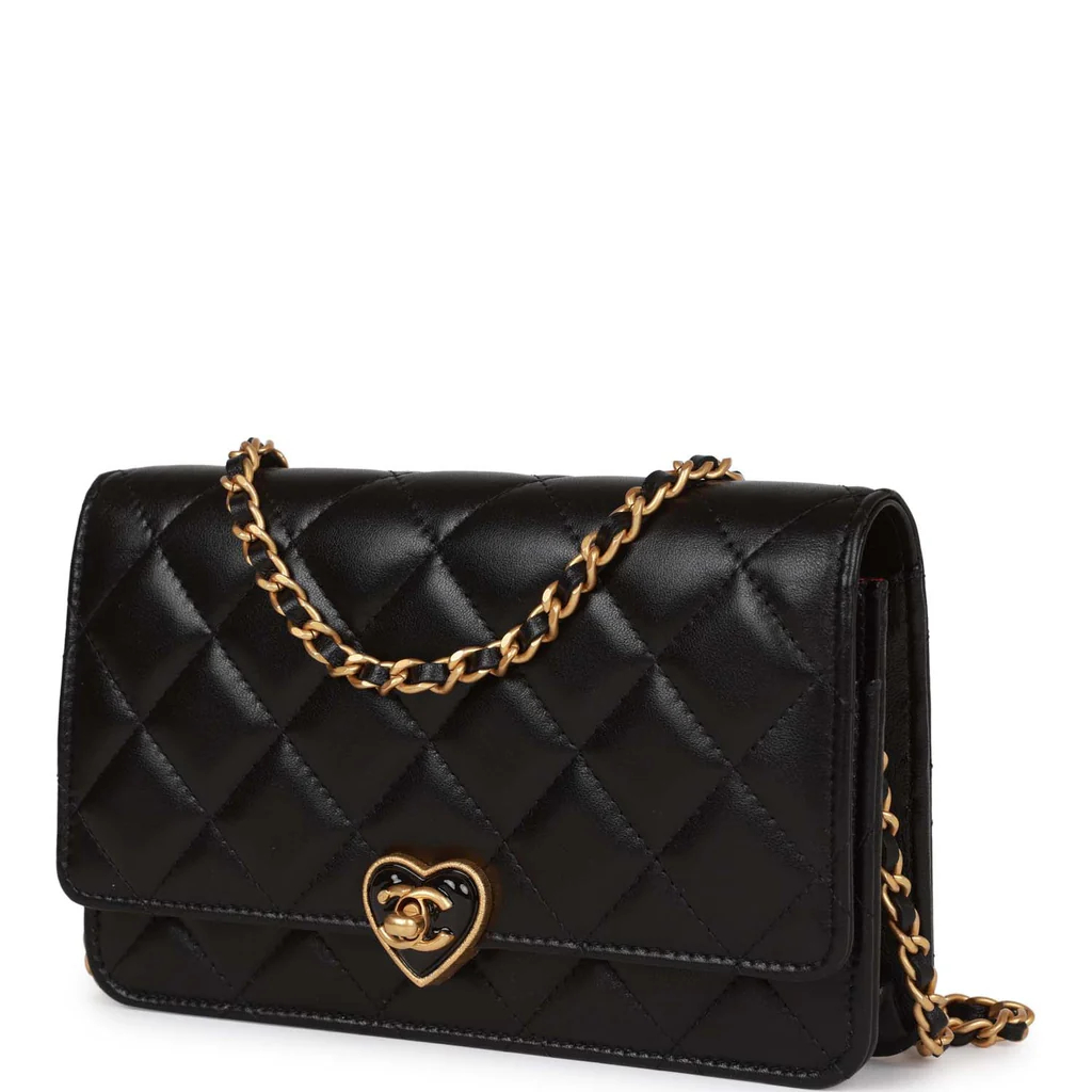 Heart Wallet on Chain WOC Black Lambskin Antique Gold Hardware