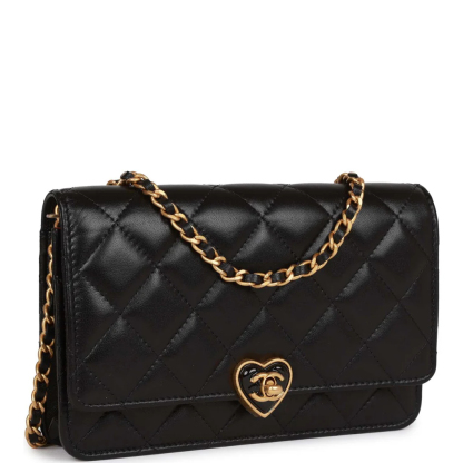 Heart Wallet on Chain WOC Black Lambskin Antique Gold Hardware