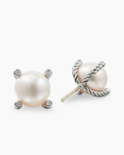Pearl Stud Earrings Sterling Silver with Pearls and Diamonds, 14mm