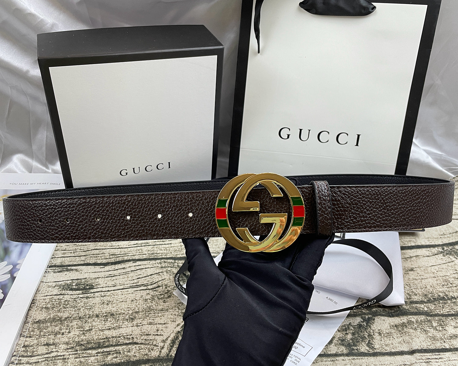 4 Colors luxury double-G three-layer lychee pattern double-sided belt