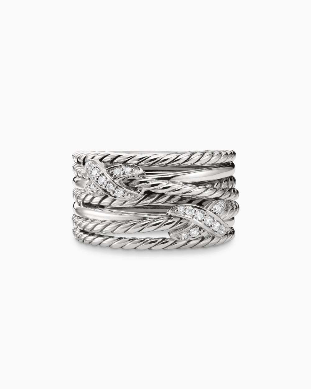 Double X Crossover Ring Sterling Silver with Diamonds, 13mm