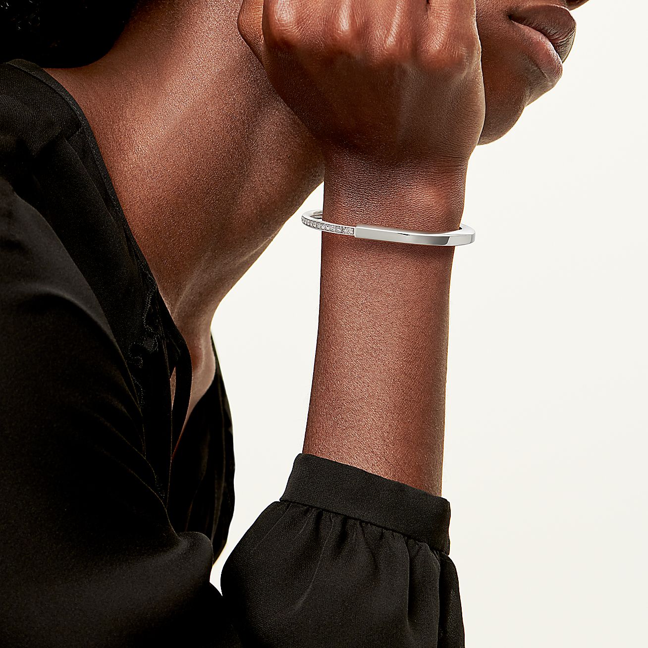 Lock Bangle in White Gold with Half Pavé Diamonds