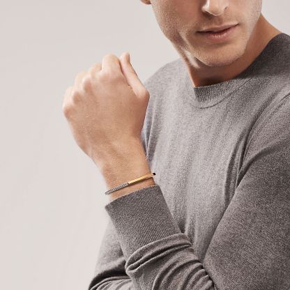 Lock Bangle in Yellow and White Gold with Half Pavé Diamonds