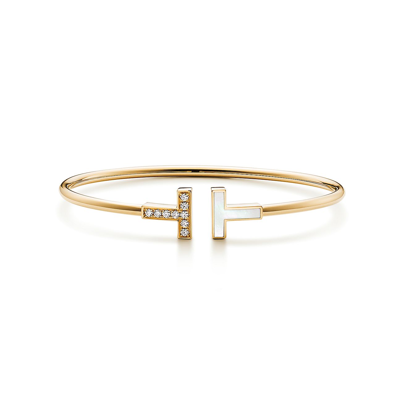 T Wire Bracelet in Yellow Gold with Mother-of-pearl and Diamonds