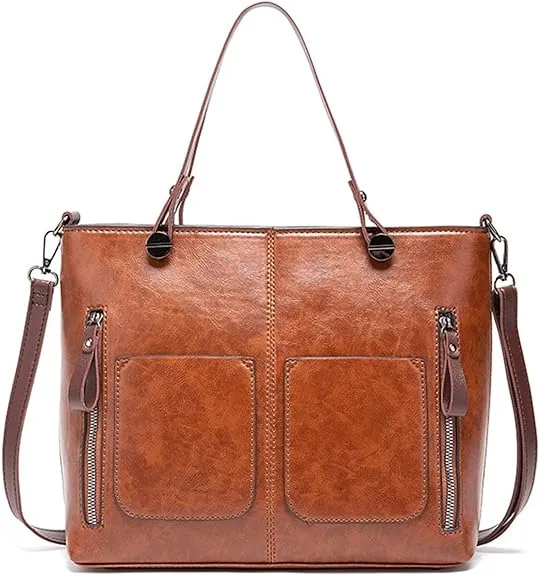 Ladies Retro Waxed PU Leather Double Pocket Handbag One Shoulder Diago