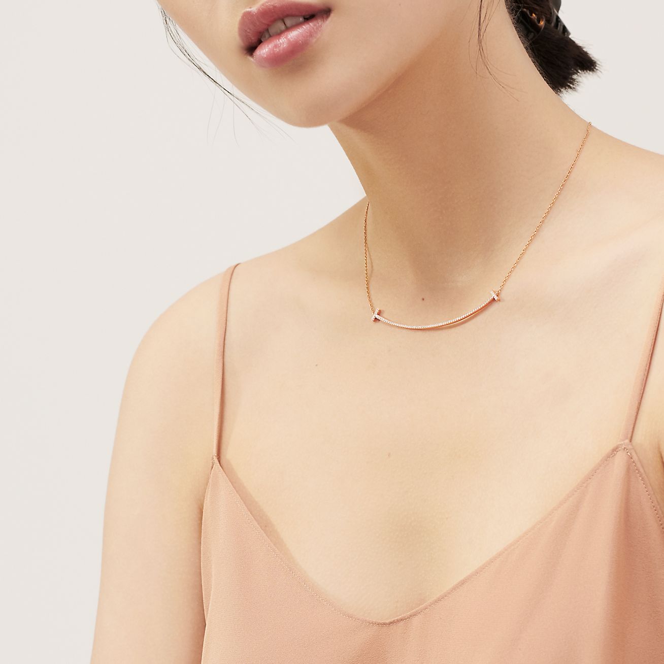T Smile Pendant in Rose Gold with Diamonds, Large