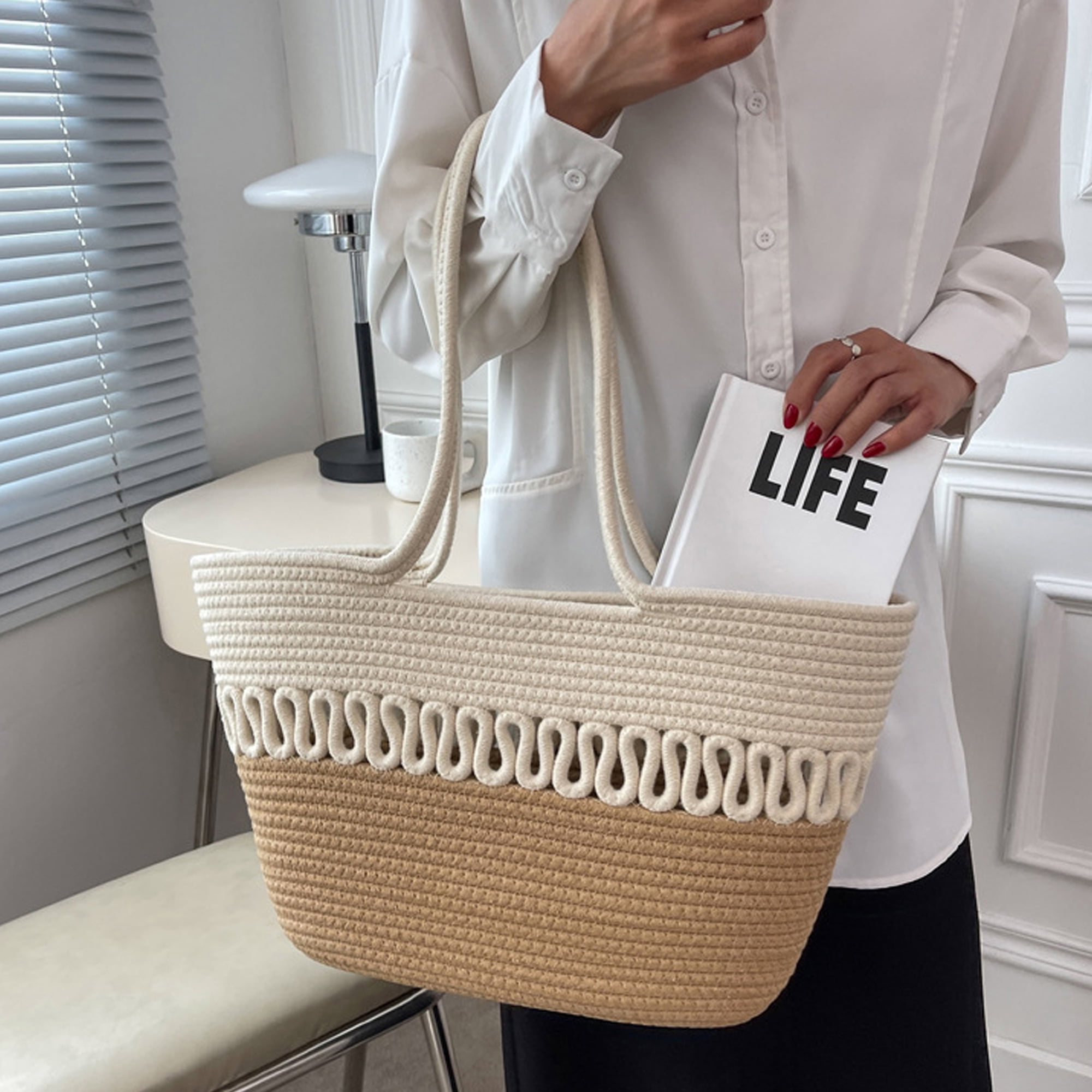 Women Crochet Shoulder Bag, Contrast Color/Dot Straw Woven Tote Bag for Daily Life, Beach, Travel, Outing