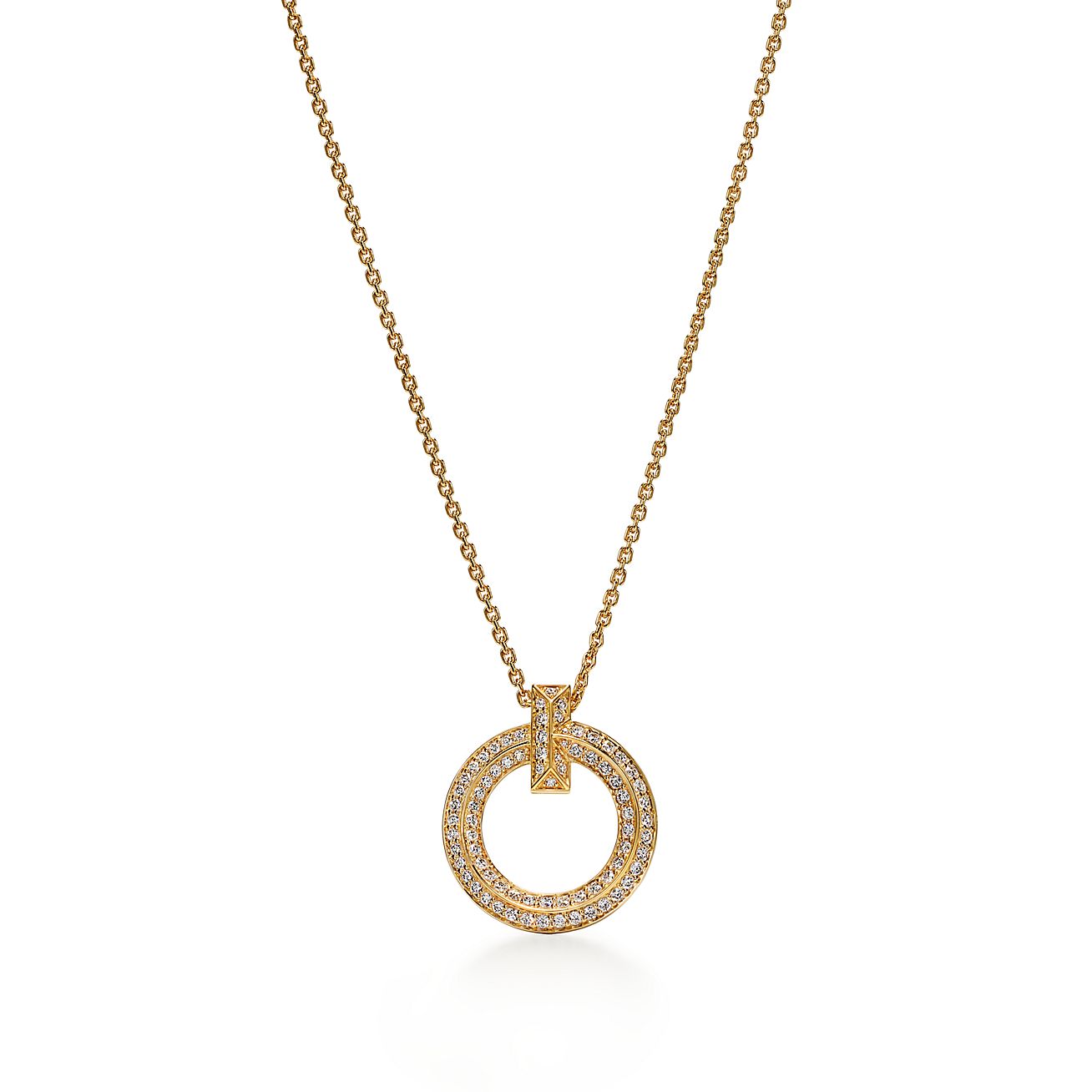 T T1 Circle Pendant in Yellow Gold with Pave Diamonds