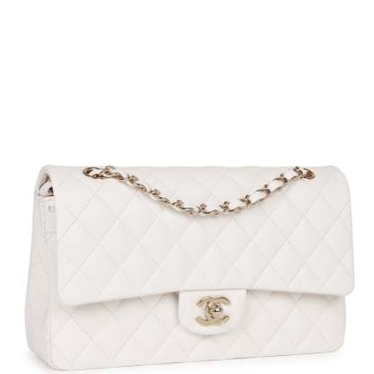 Medium Classic Double Flap Bag White Caviar Light Gold Hardware