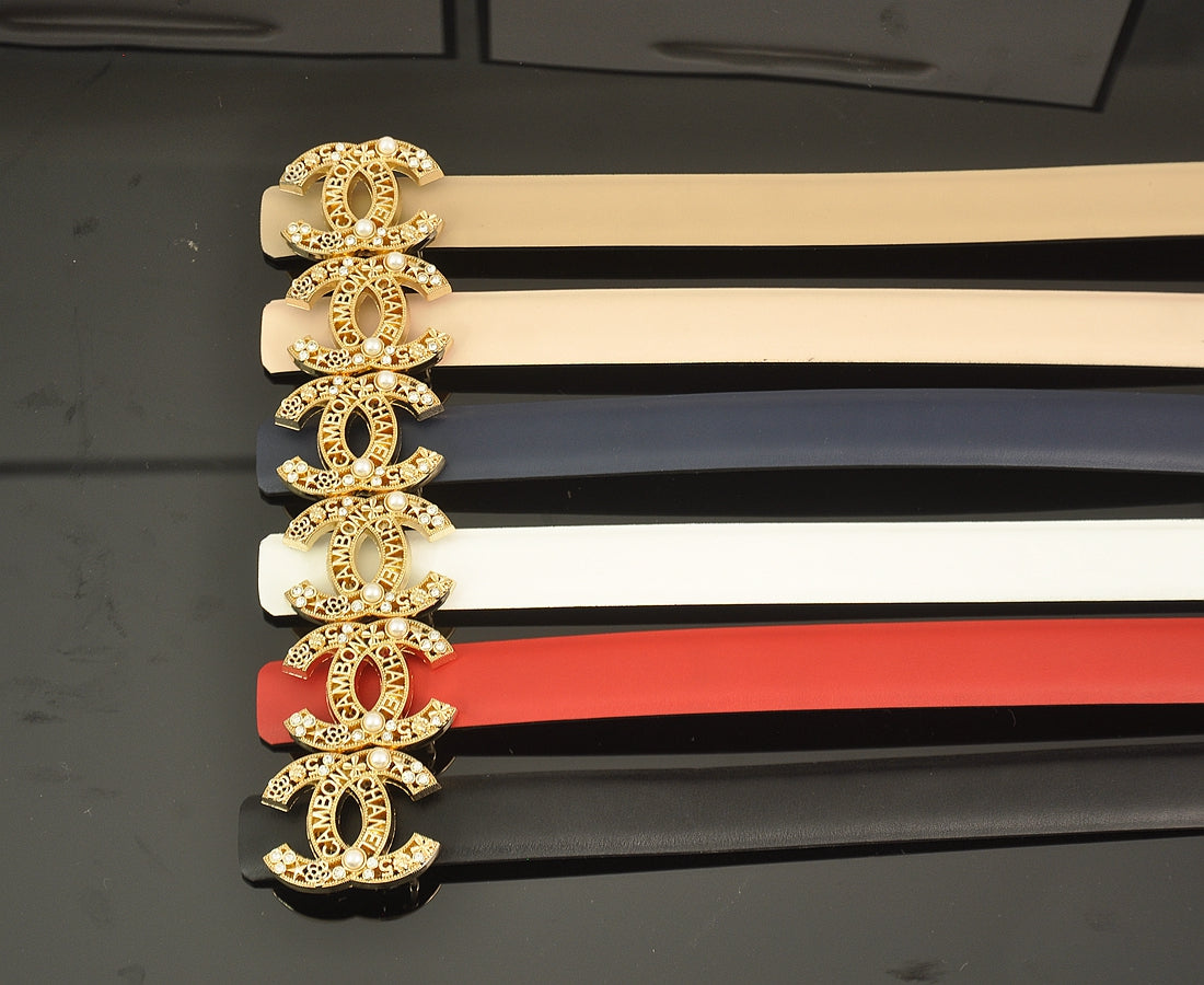 6-color luxurious double C hollow-out LOGO pearl belt