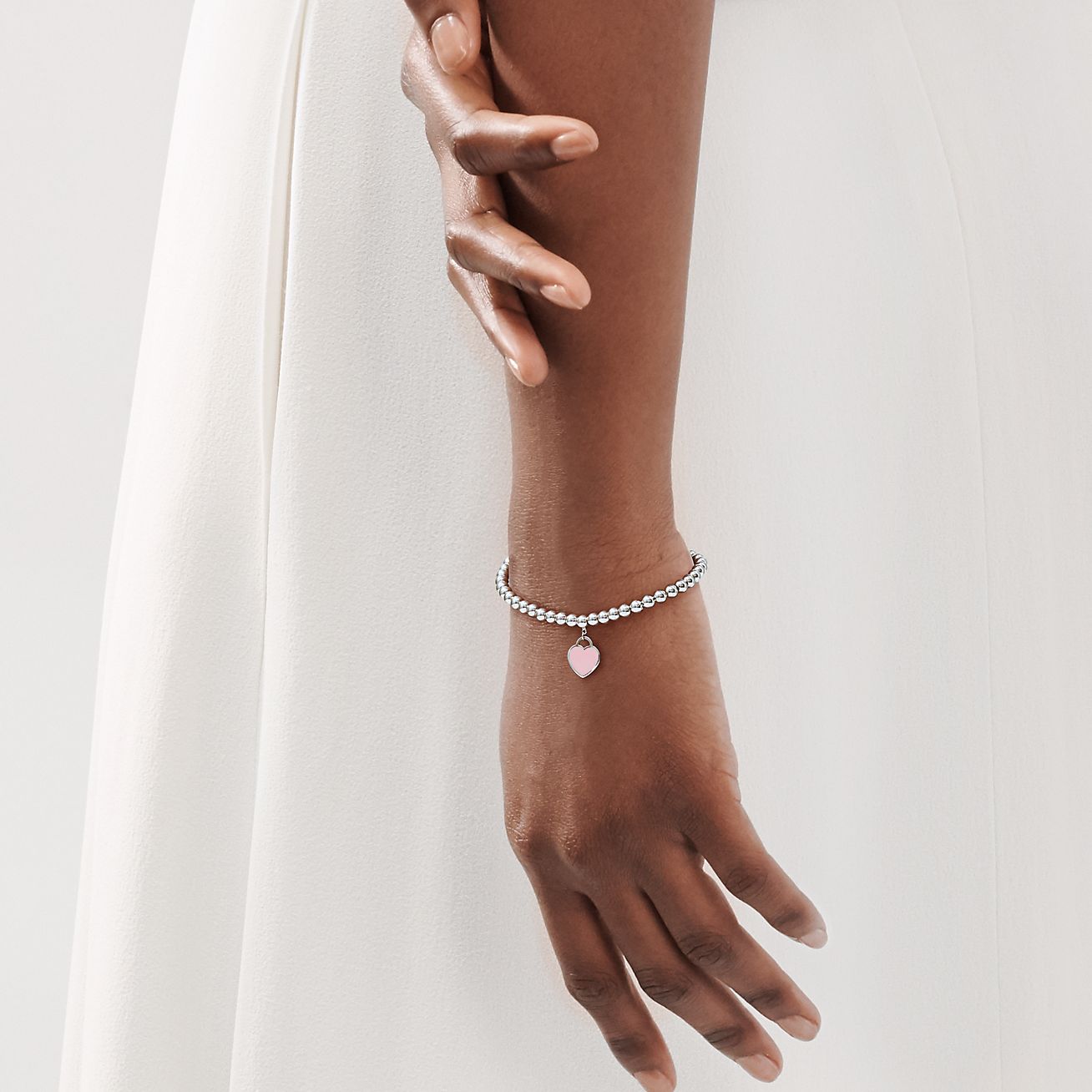 Return to 庐 Pink Heart Tag Bead Bracelet in Silver, 4 mm