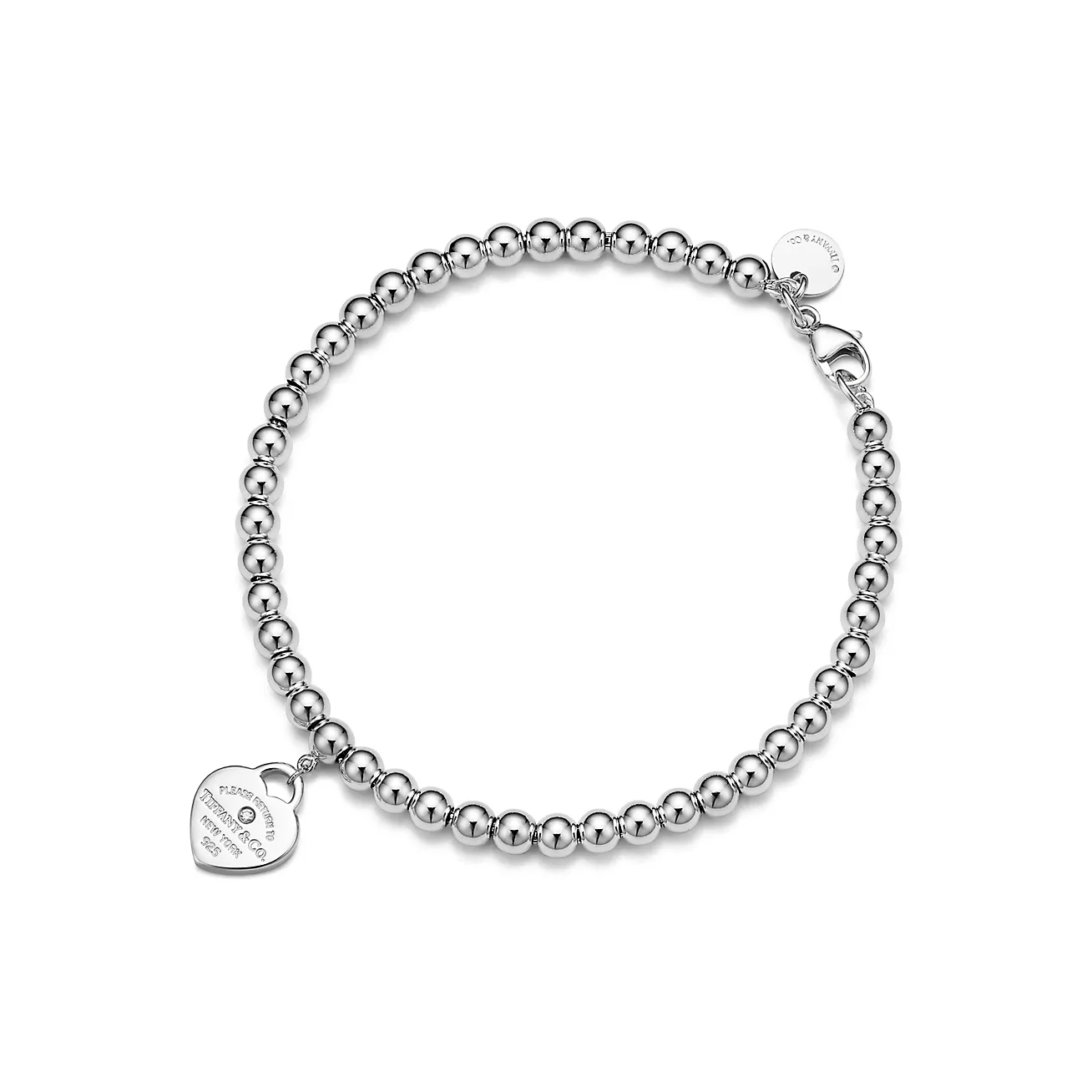 Return to 庐 Red Mini Heart Bead Bracelet in Silver with a Diamond, 4 mm