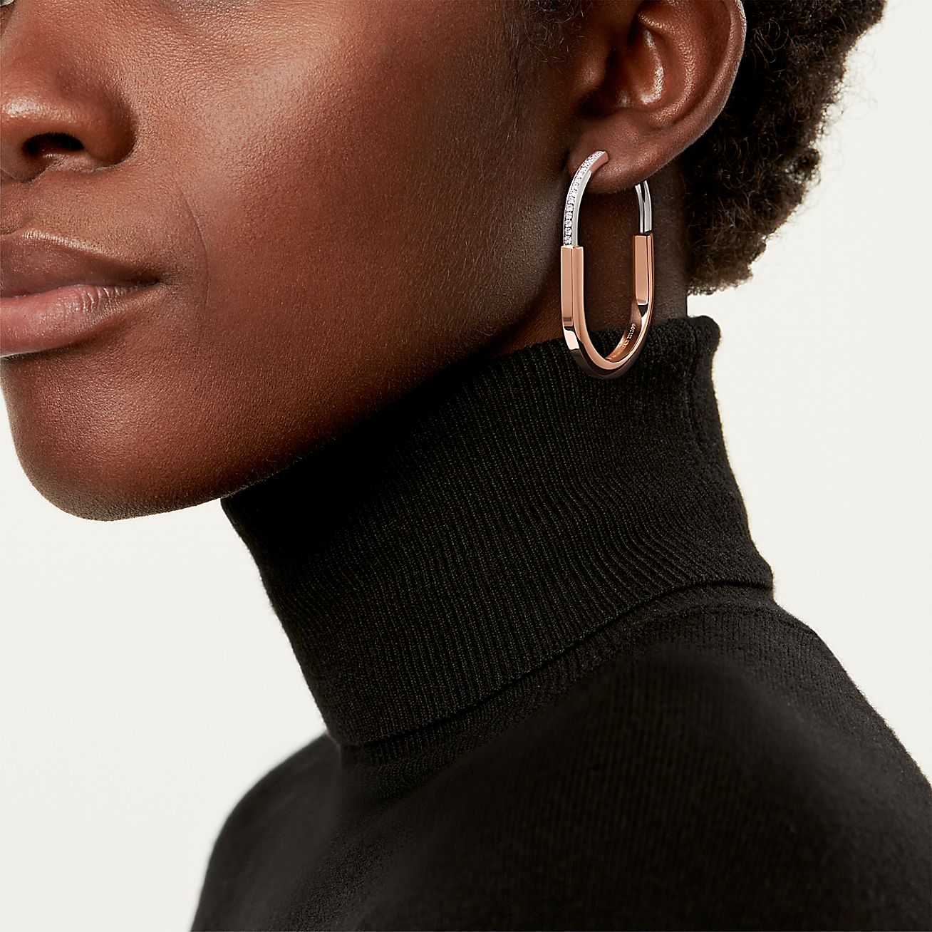 Lock Earrings in Rose and White Gold with Diamonds, Extra Large