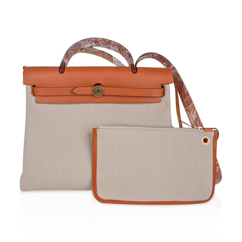 Herbag Zip Retourne 31 Bag Beton Toile Militaire / Natural Sable Leather Gold Hardware