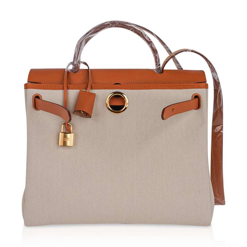 Herbag Zip Retourne 31 Bag Beton Toile Militaire / Natural Sable Leather Gold Hardware