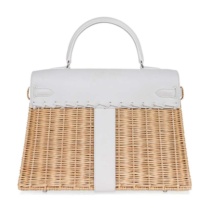 Kelly 35 Picnic Bag White Swift Leather / Osier (Wicker) Limited Edition