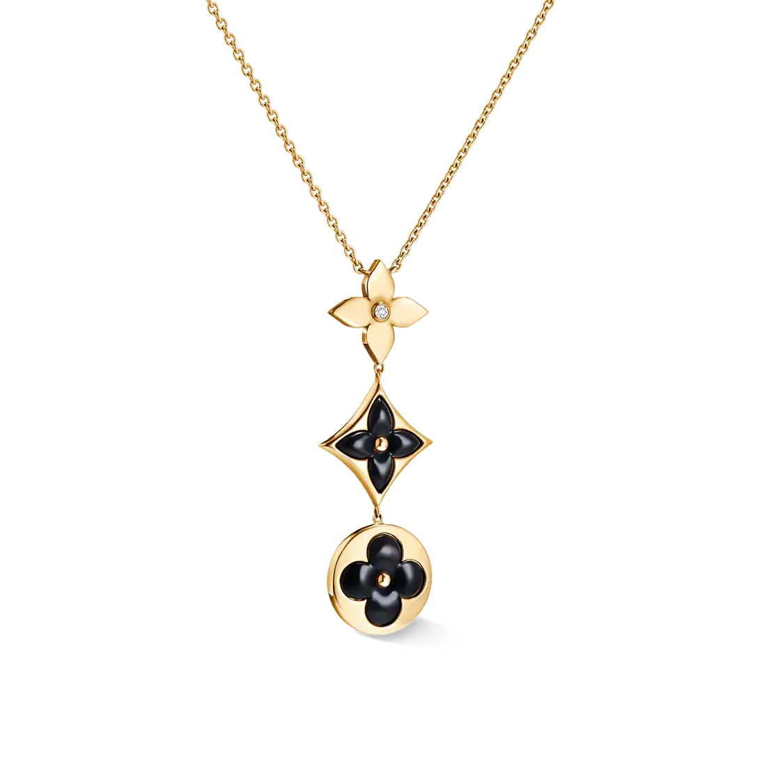 Color Blossom Lariat Necklace, Yellow Gold, Onyx And Diamond