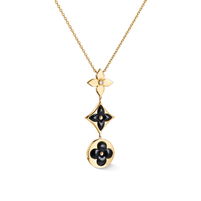 Color Blossom Lariat Necklace, Yellow Gold, Onyx And Diamond