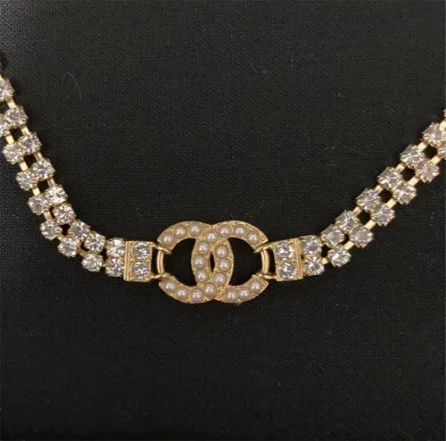 CC logo choker necklace gold pearls rhinestones