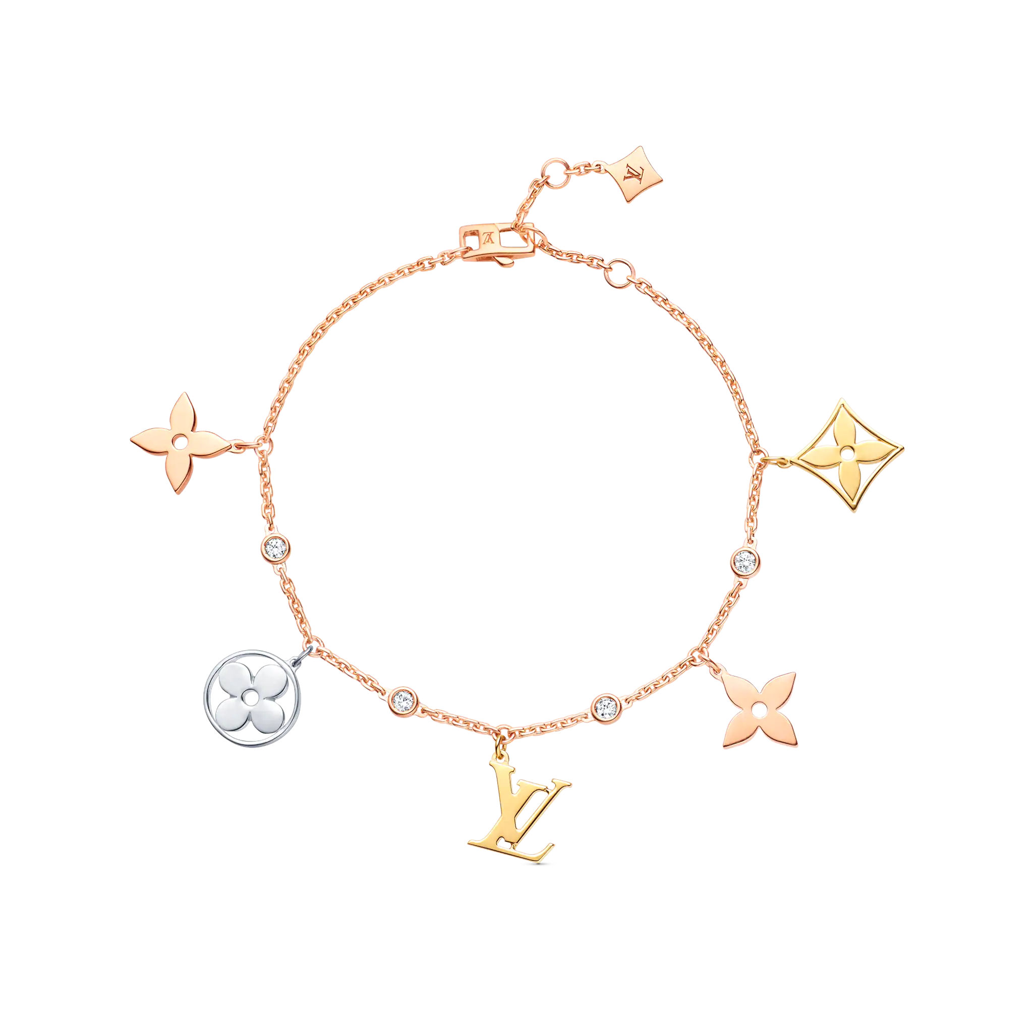 Idylle Blossom Charms Bracelet, 3 Golds And Diamonds