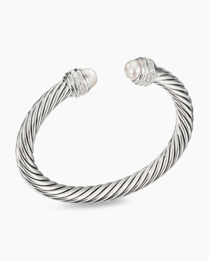 Classic Cable Bracelet Sterling Silver with Pearls and Diamonds, 7mm