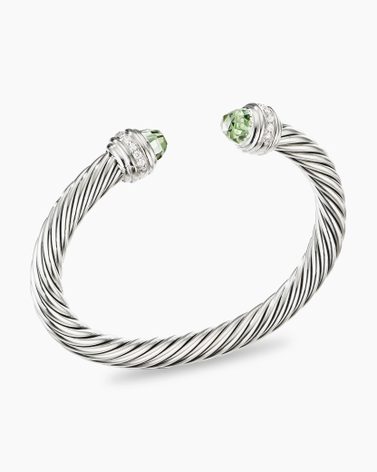 Classic Cable Bracelet Sterling Silver with Prasiolte and Diamonds, 7mm