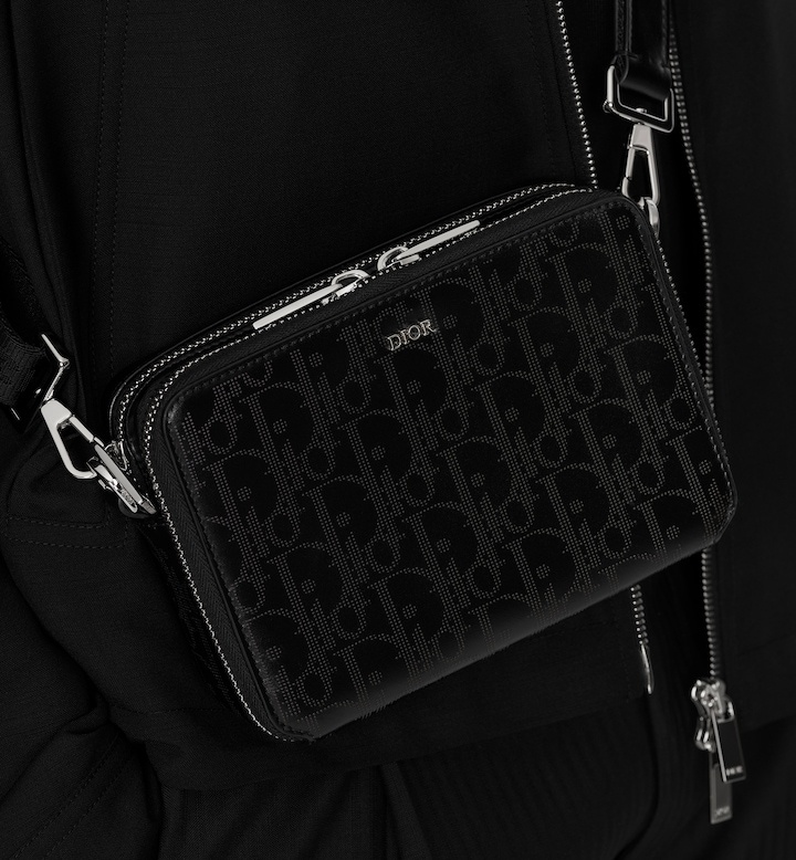 Zipped Pouch with Strap Black Oblique Galaxy Leather