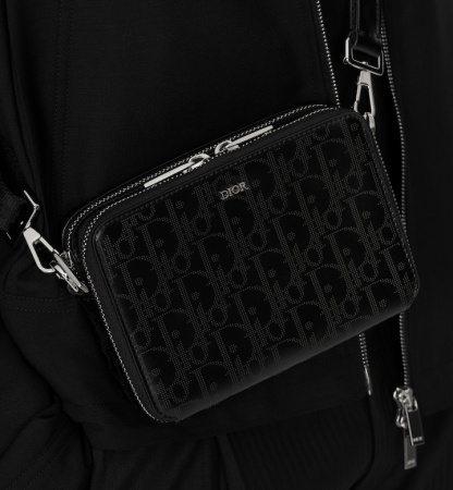 Zipped Pouch with Strap Black Oblique Galaxy Leather