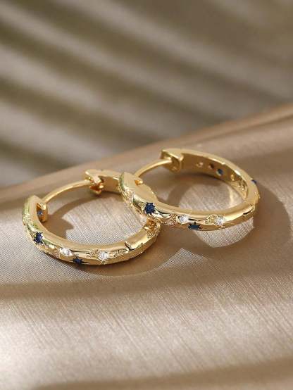 1pair Luxurious Copper Inlaid Multi-color Star, Moon & Round Shaped Hoop Earrings