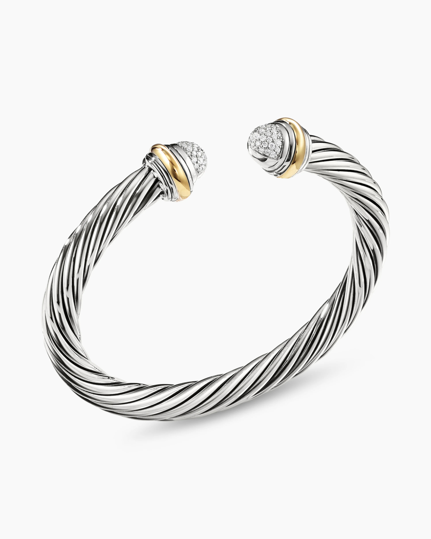 Classic Cable Bracelet Sterling Silver with 18K Yellow Gold and Pave Diamond Domes, 7mm
