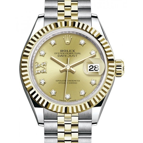 Lady-Datejust 28mm Steel & Yellow Gold Champagne Diamond IX & Dial Jubilee Bracelet