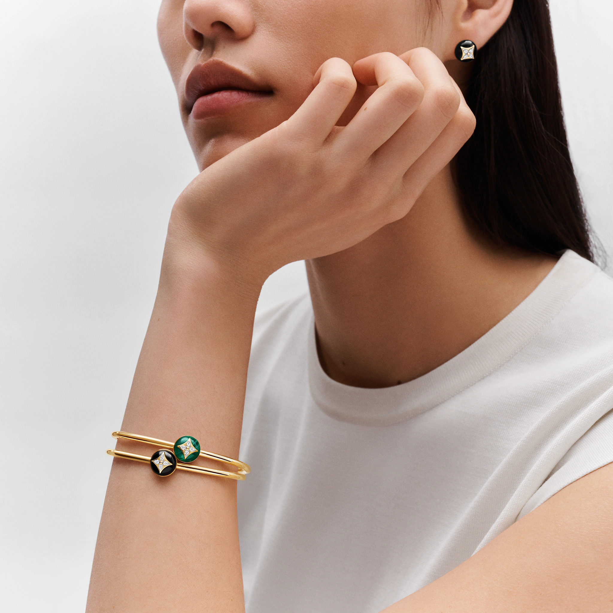 B Blossom Open Bangle, Yellow Gold, White Gold, Onyx And Diamonds