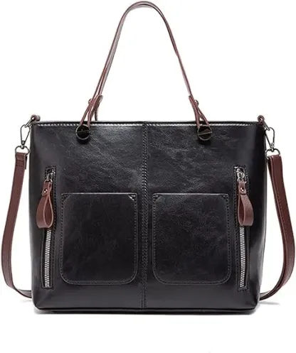 Ladies Retro Waxed PU Leather Double Pocket Handbag One Shoulder Diagonal Bag