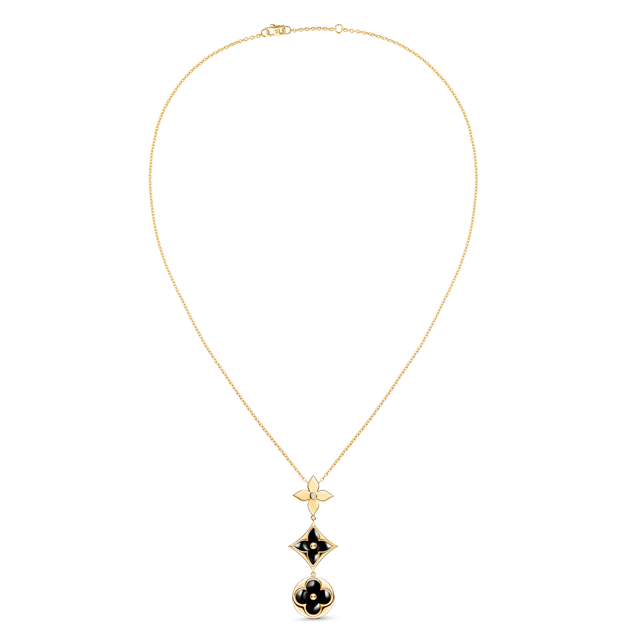Color Blossom Lariat Necklace, Yellow Gold, Onyx And Diamond