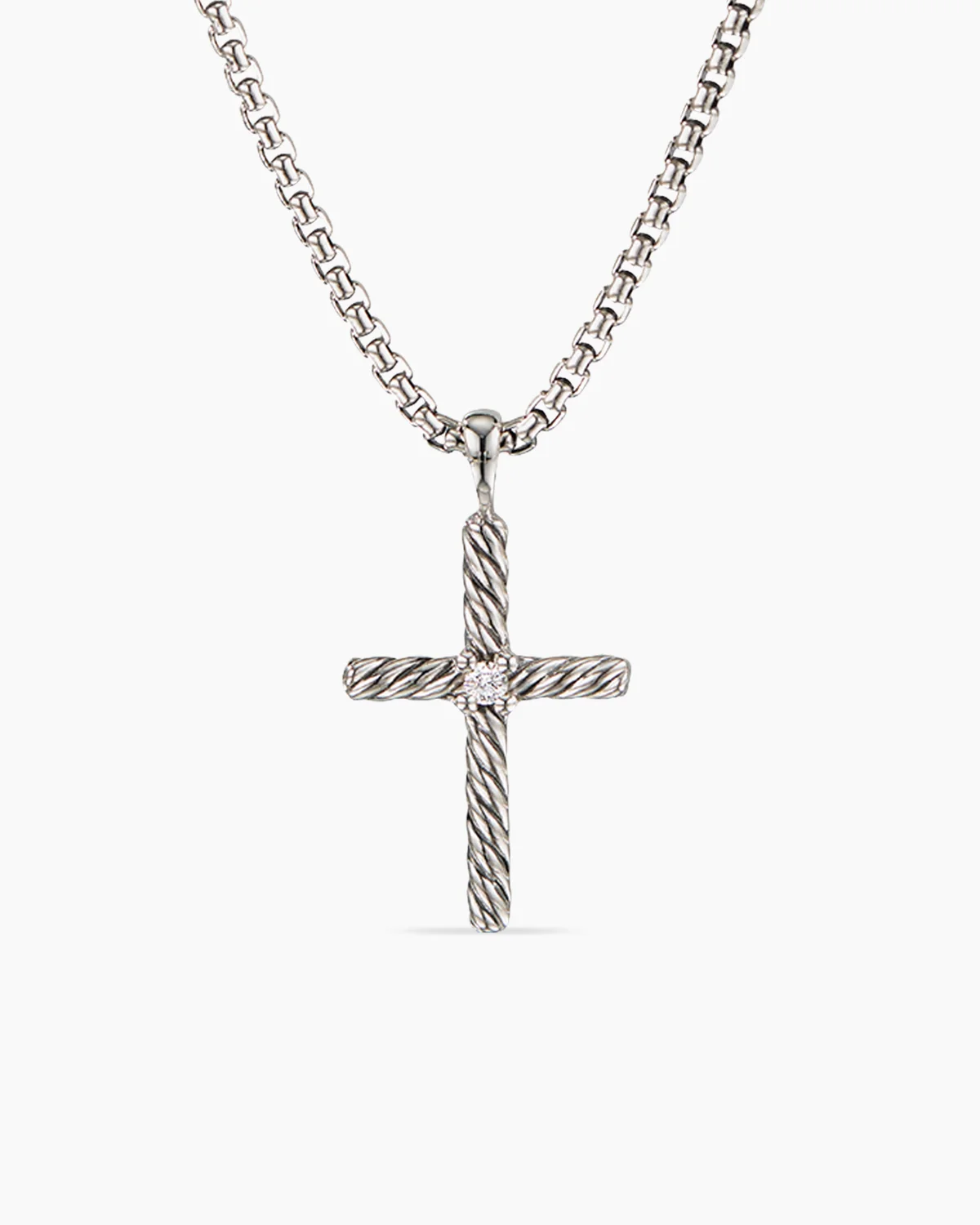 Classic Cable Cross Necklace Sterling Silver with Center Diamond, 24.3mm