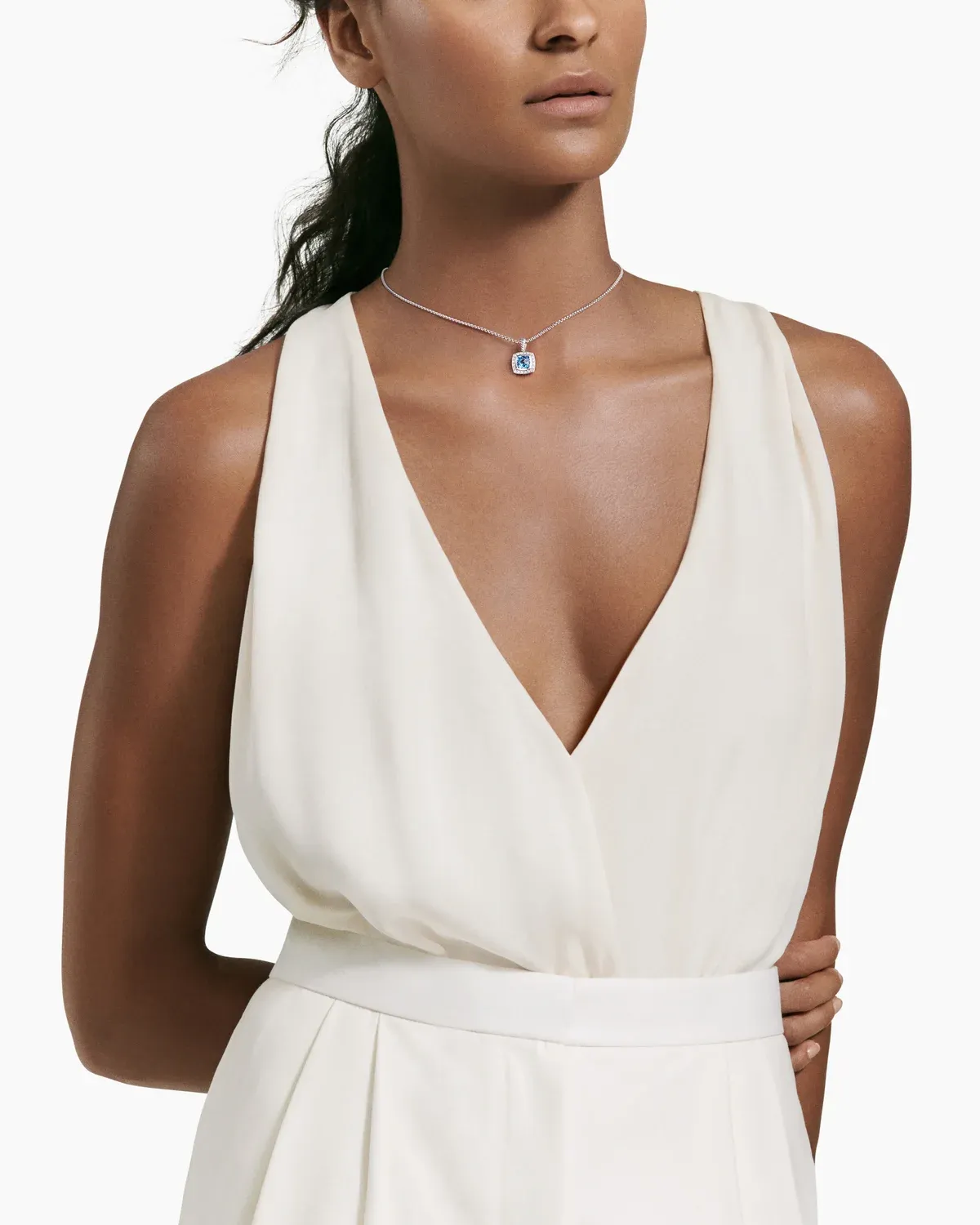 Petite Albion庐 Pendant Necklace Sterling Silver with Blue Topaz and Diamonds, 7mm