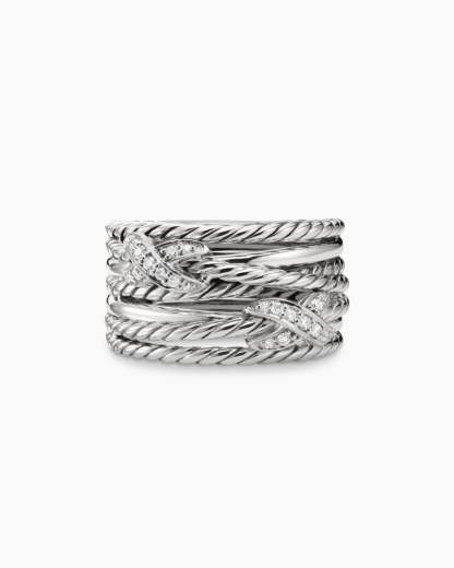 Double X Crossover Ring Sterling Silver with Diamonds, 13mm