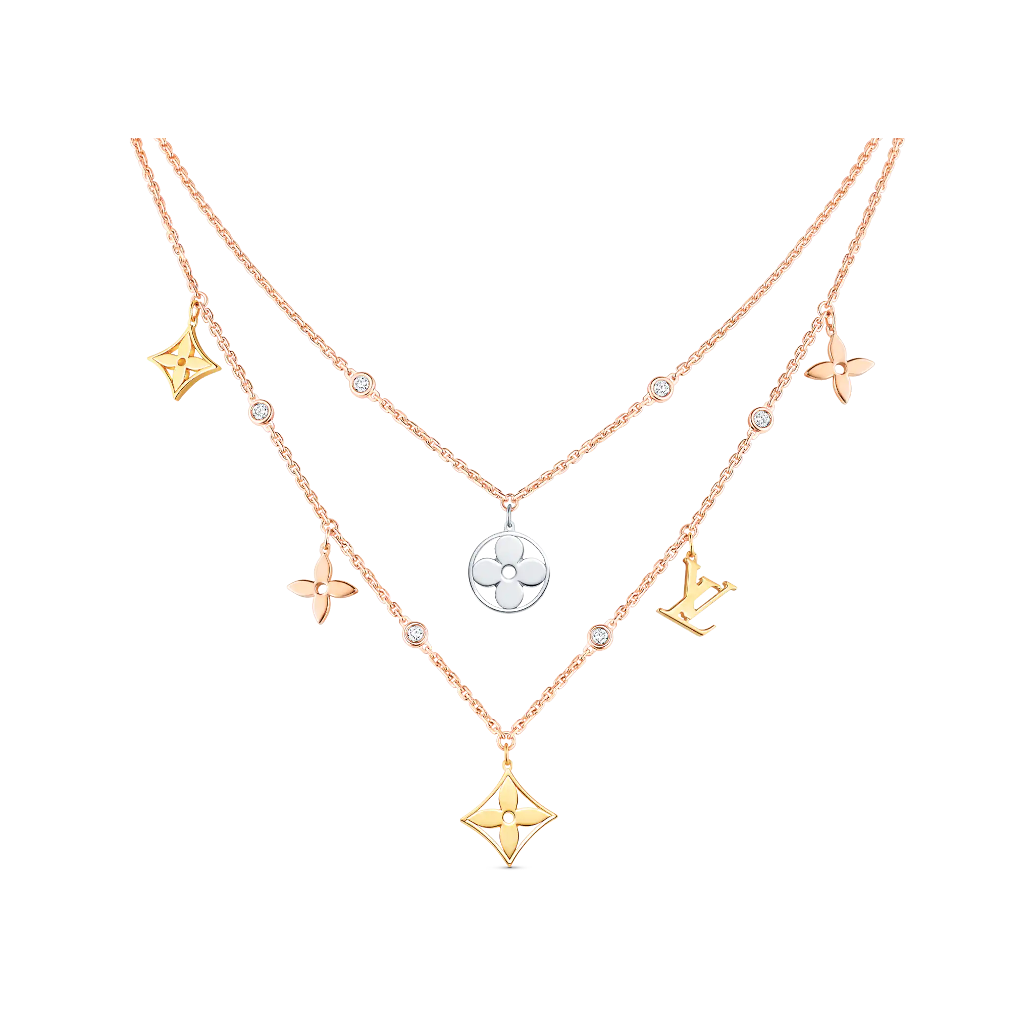Idylle Blossom Charms Necklace, 3 Golds And Diamonds