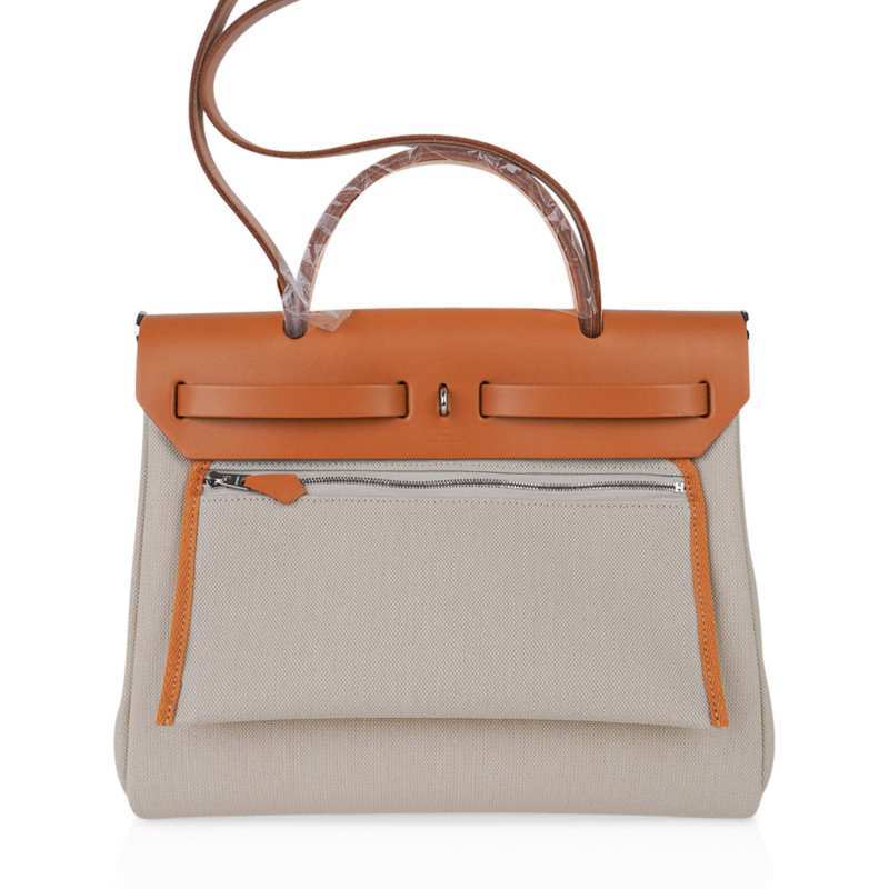 Herbag Zip 31 Bag Beton Toile Militaire / Natural Sable Leather Palladium New w/Box