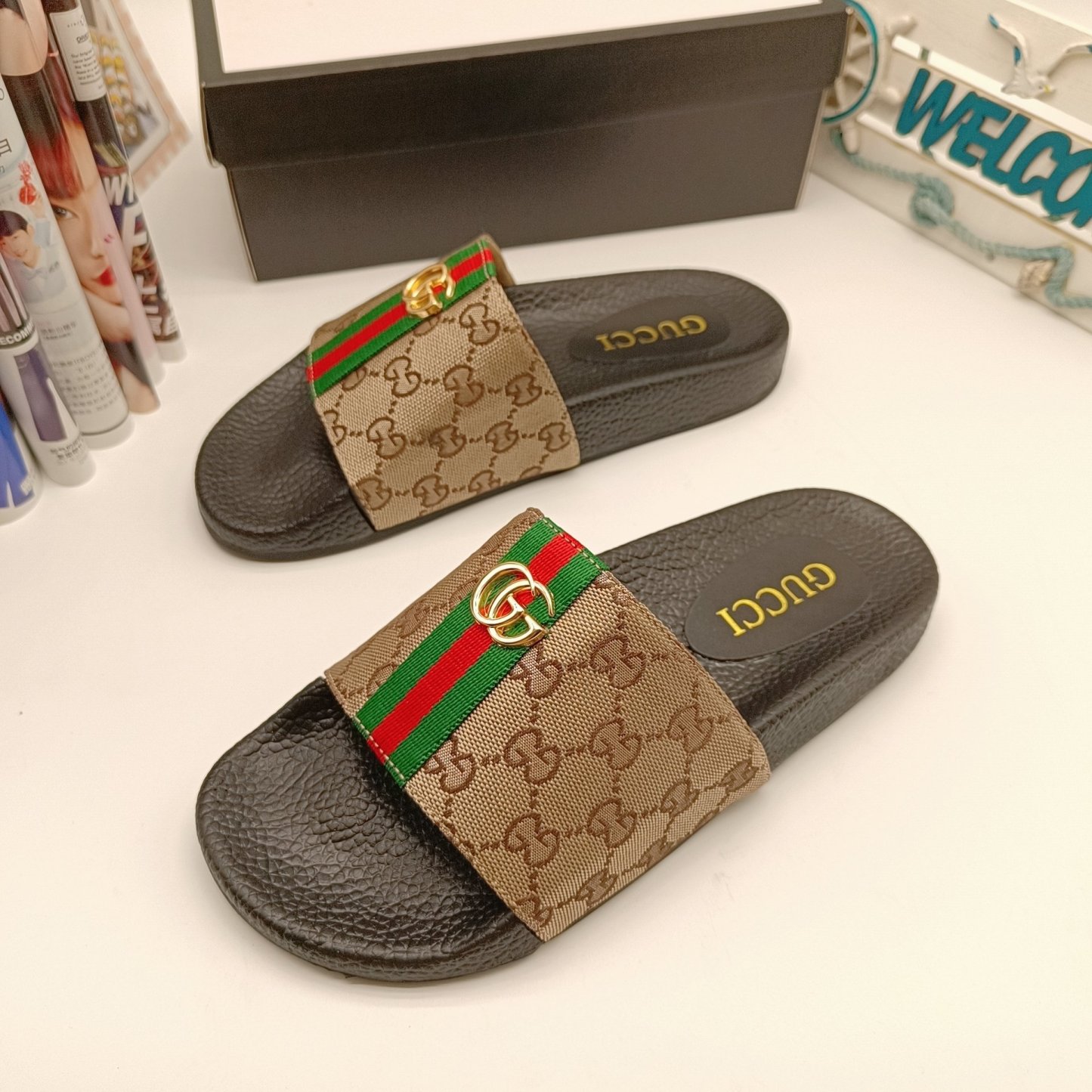 DOUBLE G Supreme Monogram Slide Sandals