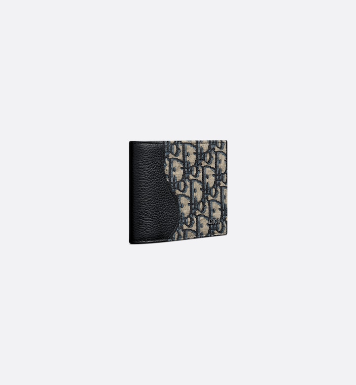 Saddle Bifold Wallet Black Grained Calfskin Marquetry with Beige and Black Oblique Jacquard