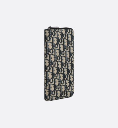 Vertical Long Zipped Wallet Beige and Black Oblique Jacquard