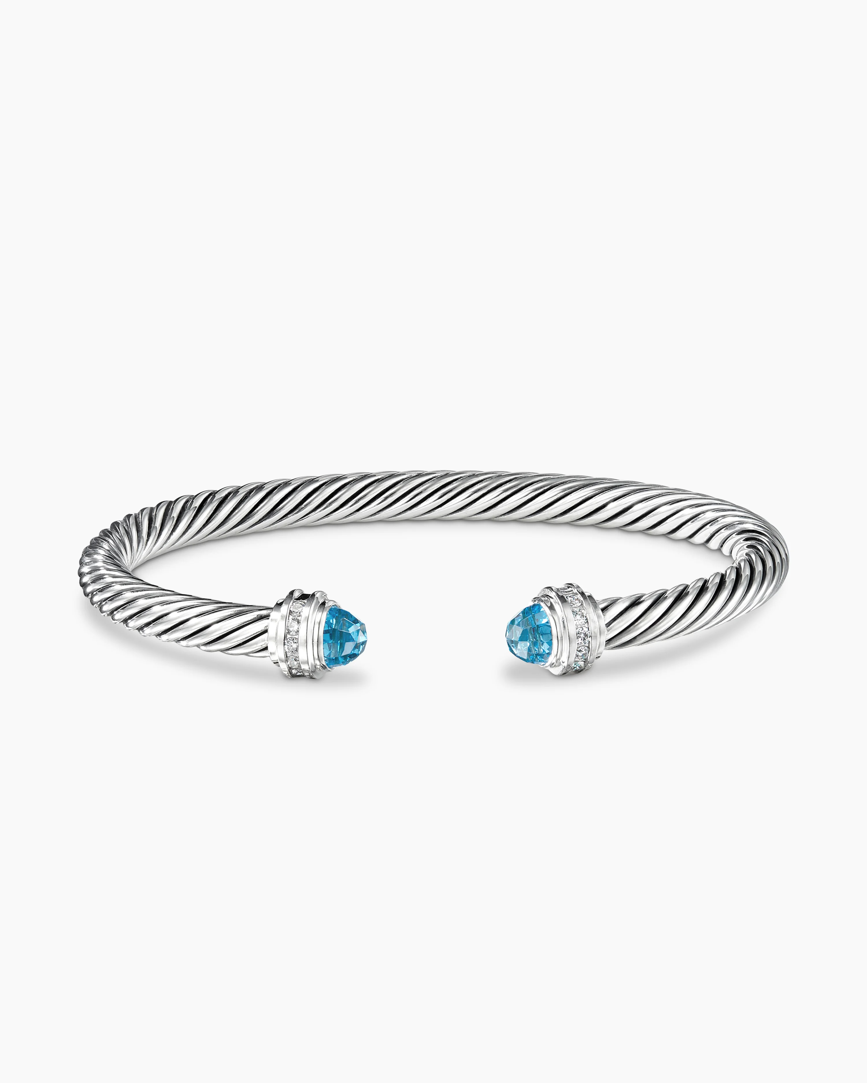 Classic Cable Bracelet Sterling Silver with Blue Topaz and Diamonds, 5mm