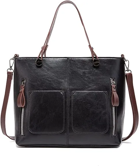 Ladies Retro Waxed PU Leather Double Pocket Handbag One Shoulder Diago