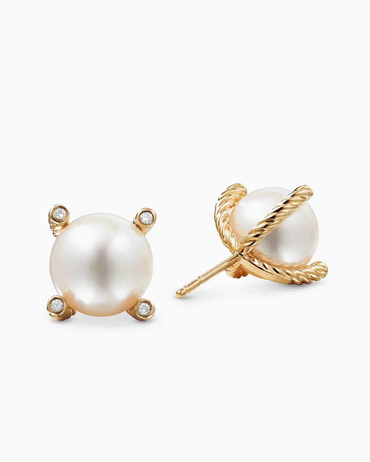 Pearl Stud Earrings 18K Yellow Gold with Pearls and Diamonds, 14mm