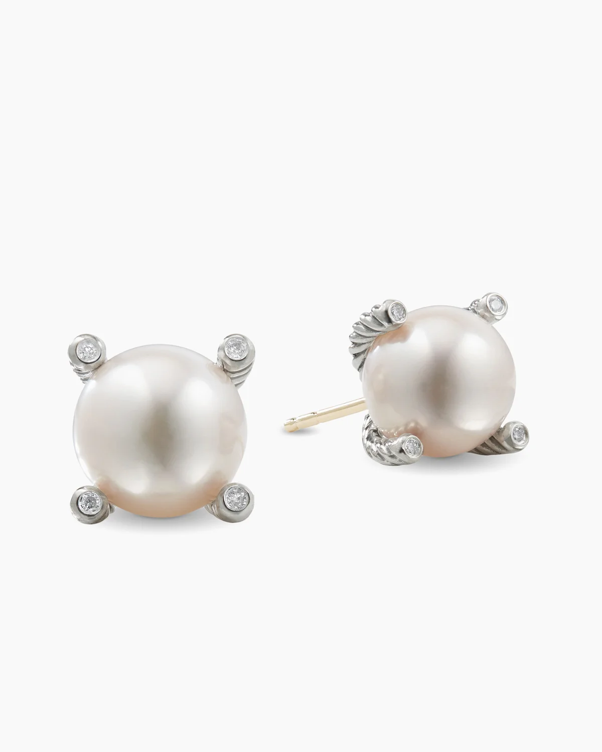 Pearl Stud Earrings Sterling Silver with Pearls and Diamonds, 14mm