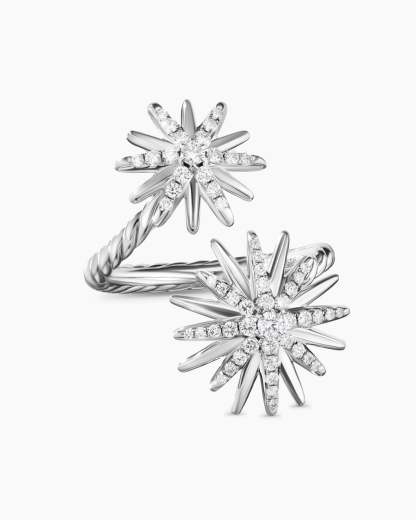 Starburst Bypass Ring Sterling Silver with Diamonds, 27.5mm