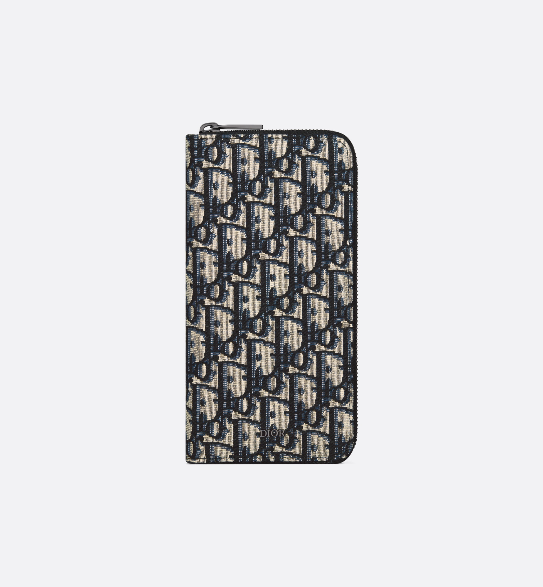Vertical Long Zipped Wallet Beige and Black Oblique Jacquard